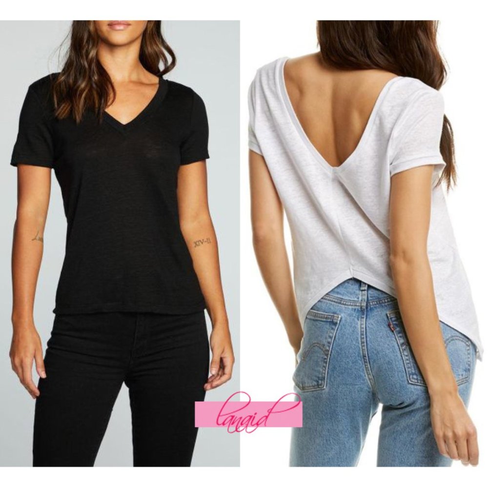 Chaser Linen Jersey Double V Open Back Tee Black Backless V-Neck Stretchy Top XS